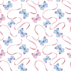 Delicate seamless pattern with blue and pink butterflies, with satin ribbons. Watercolor illustration for fabric, wallpaper, print, cover.