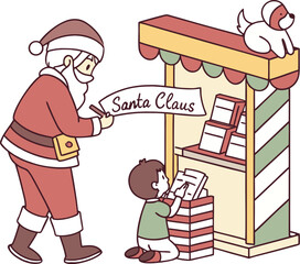 Santa Claus visiting a child at toy store to read his Christmas wish list, creating heartwarming memories in a festive, holiday setting