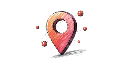 A stylized map pin with surrounding red spheres on a black background in a sketch style design on transparent background