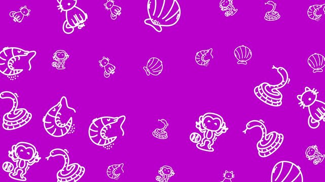 Ecologic pattern art featuring drawings of snakes, cats, shrimps, monkeys, and seashells. Suitable for naturethemed designs and ecofriendly projects.