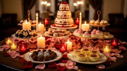 “grand festive dessert buffet with candles, cakes, sweets and chocolates, luxury celebration atmosphere, warm golden light food photography”
