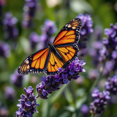 Naklejka premium An orange and black butterfly perches on a lavender plant, displaying its wings wide amidst purple blossoms and green foliage.
