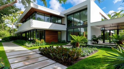 Fototapeta premium Modern Architectural Design of a Luxurious Home Surrounded by Lush Greenery and Inviting Pathways in Bright Natural Light