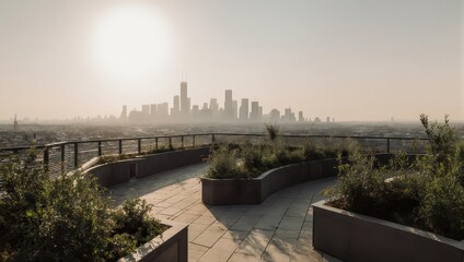 Fototapeta premium Urban rooftop garden overlooking a hazy city skyline at sunrise