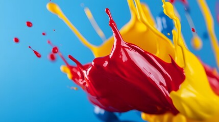 Vibrant red yellow and blue paint collide creating dynamic liquid shapes against a blue studio background.