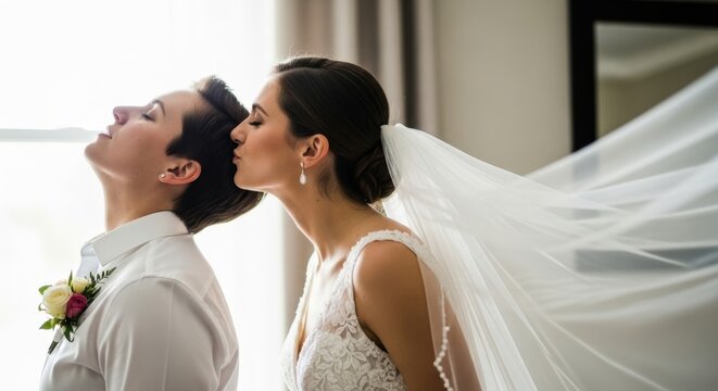 Romantic moment between two brides on wedding day