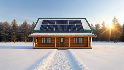 Christmas green energy eco friendly log cabin with solar panels on roof in snowy forest landscape at sunrise winter morning