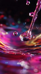 Liquid drops elegantly suspended above vibrant and colorful iridescent background in a stunning macro capture.