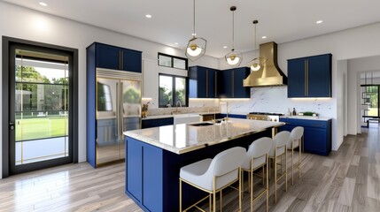 Modern kitchen interior design featuring blue cabinetry, golden accents, and spacious layout with island and contemporary appliances