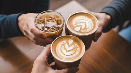 Three people holding coffee drinks, one iced, two with latte art, celebrating together.