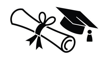 A black and white illustration of a graduation cap and a diploma tied with a ribbon on a white background