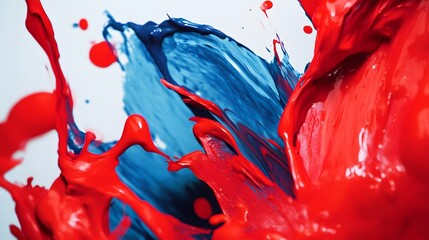 Abstract image of red and blue paint colliding in a vibrant splash against a clean white background surface.