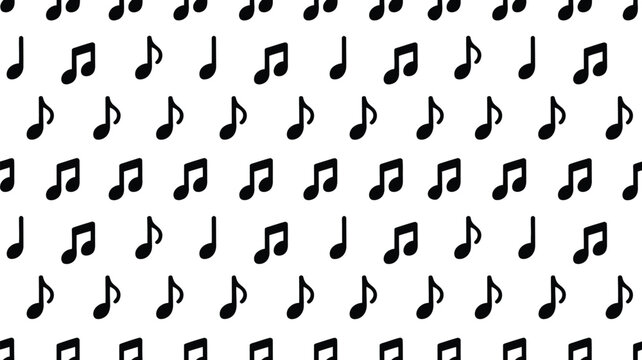 A repeating pattern of black musical notes on a white background creating a musical themed design look