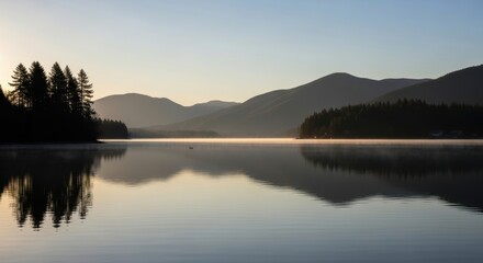 Tranquil lake at sunrise with mist and mountain reflections