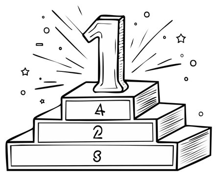 First place trophy on a winner's podium with award tiers and celebratory stars