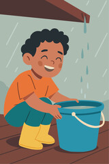 Child Collecting Rainwater in Bucket