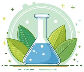 Chemistry flask with blue liquid and green leaves symbolizing eco friendly science biotechnology research
