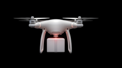 A white drone with a box attached underneath it against a black background in a studio shot view on transparent background