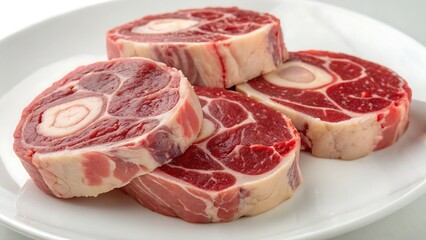 Fresh raw veal osso buco slices showcasing visible marrow rings and vibrant meat tones ideal for gourmet preparation.