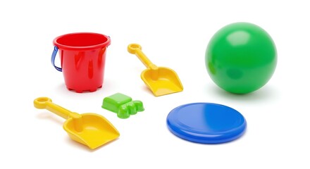 Set of colorful plastic beach and sand toys isolated on white background