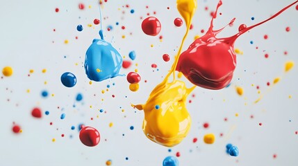 Vivid colorful paint splashes and droplets collide midair creating a dynamic abstract liquid art scene now displayed.