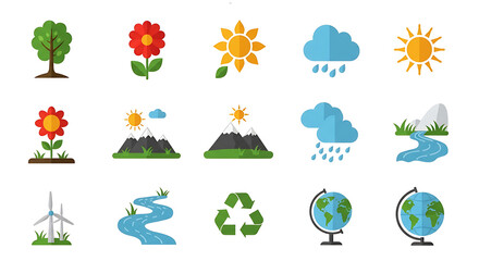 A vibrant set of flat design icons depicting nature, weather, and environmental conservation