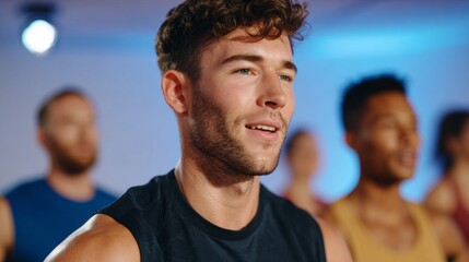 Man in gym, smiling confidently at camera.