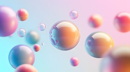 Abstract background featu floating, iridescent orbs with colorful reflections in a gradient backdrop effect.