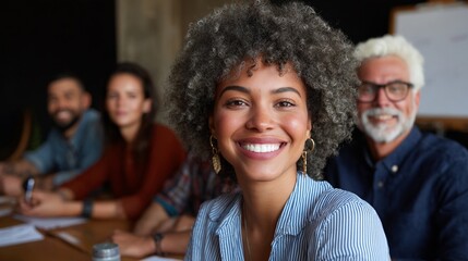Diverse team of professionals in a conference room, smiling and engaged during a meeting.