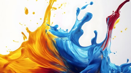 Vivid splash of red, blue, and yellow paint intermingle creating dynamic liquid motion against white background.