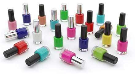 Obraz premium Assortment of colorful nail polish bottles scattered on a white surface