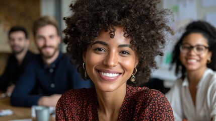 Group of diverse professionals smiling at camera during meeting.