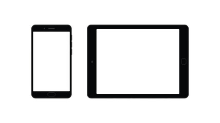 A black smartphone and tablet with blank white screens side by side on a plain white background display