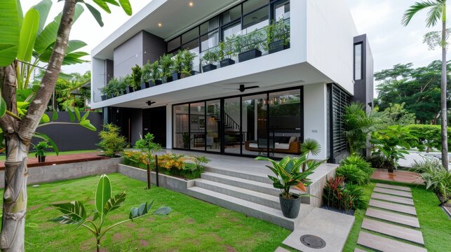Modern Architectural Design of a Stylish House Surrounded by Greenery and Lush Landscaping