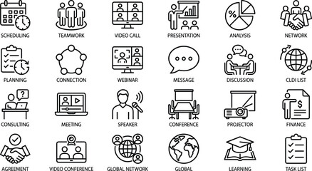 Business Communication and Teamwork Line Icons Set Video Conference, Scheduling, Consulting, Presentation, Global Network, and Learning Vector Illustration Content.