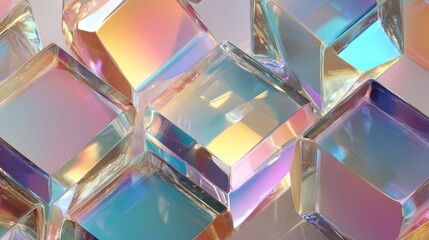 Interlocking crystal prisms arranged in tessellated hexagonal pattern Sharp edges refract light into soft gradient spectrum Ultra-detailed textures