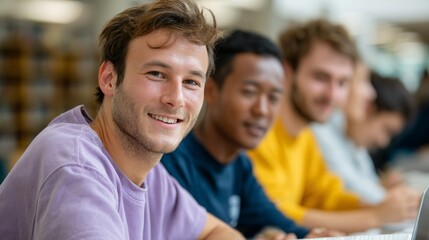 Fototapeta premium A group of young men sitting at a table in a classroom setting, smiling and looking towards the camera.