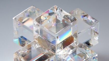Interlocking crystal prisms arranged in tessellated hexagonal pattern Sharp edges refract light into soft gradient spectrum Ultra-detailed textures