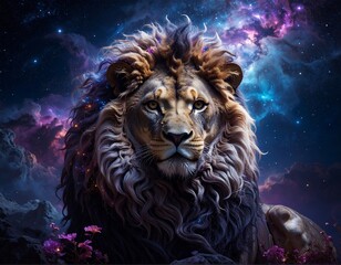 A regal lion, its fur a cascade of color, gazes directly at the viewer against a vibrant, cosmic nebula backdrop