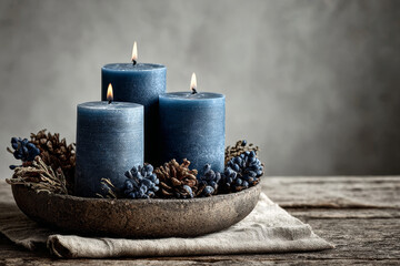 Three dark blue wax candles burning in rustic bowl with dry pine cone decoration on wood table for cozy winter home atmosphere