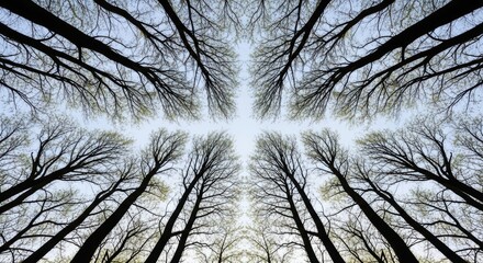 Symmetrical tree canopy: leafless branches against blue sky perspective
