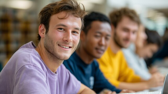 A group of young men sitting at a table in a classroom setting, smiling and looking towards the camera. - Powered by Adobe