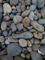 A close-up view of various smooth river stones in natural shades of gray, brown, and blue, creating a textured and organic pattern.