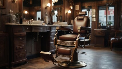 Vintage Barber Chair in a Classic Barbershop Interior.