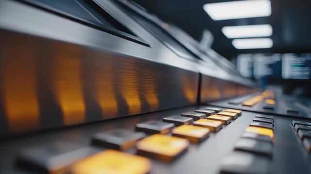 ATM machine keypad with card reader in a dimly lit interior showing motion blur and selective focus on the buttons
