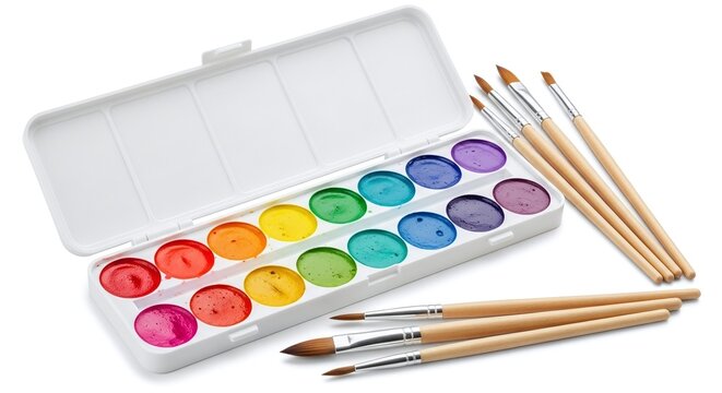 Watercolor paint set with multiple colors and paintbrushes isolated on white background - Powered by Adobe