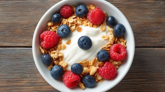 Bowl of cereal with berries and yogurt on a table.