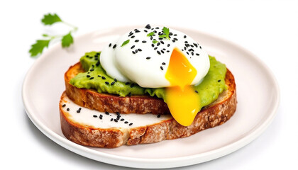 Avocado Toast with Poached Egg on Minimal White Background