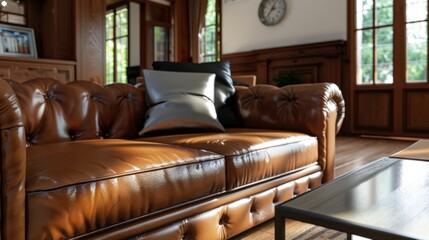 Obraz premium Cozy and Elegant Leather Sofa in a Sunlit Living Room with Wooden Decor and Modern Touches