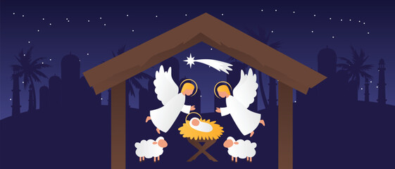 Fototapeta premium Night nativity scene with angels, baby Jesus and manger, with Bethlehem city silhouette in the background, flat minimalist illustration
